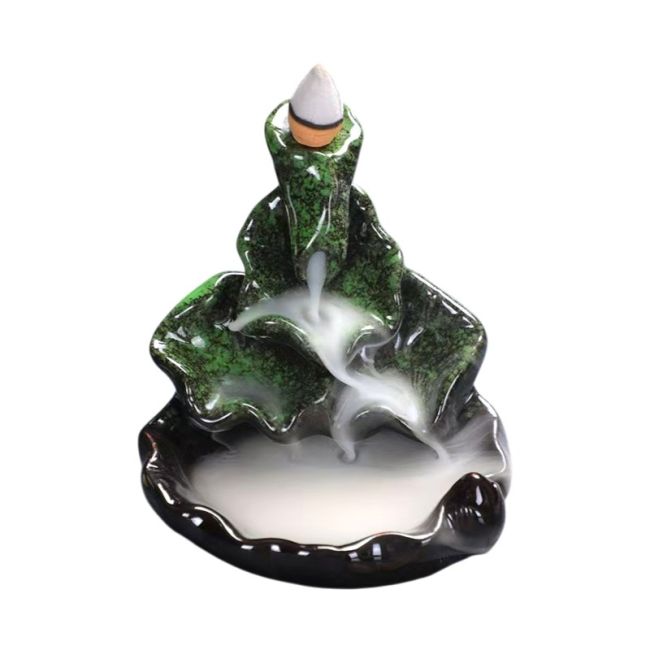 Porte-Encens Backflow Céramique Feuilles de Lotus 10cm – Vert