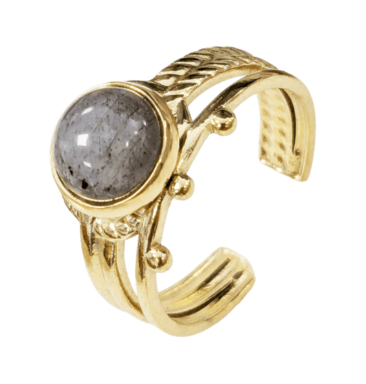 Bague en Acier Inoxydable Dorée Ronde Labradorite A