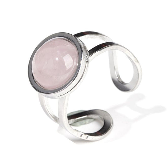 Bague en Acier Inoxydable Argentée Ronde Quartz Rose A