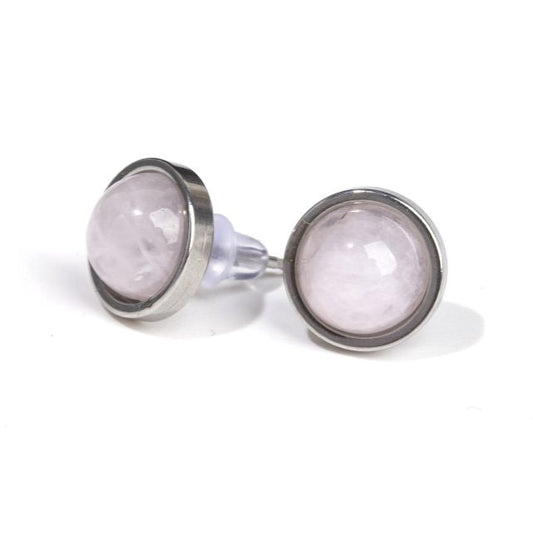 Boucles d'Oreilles Rondes Quartz Rose | Acier Inoxydable | Stud 10mm